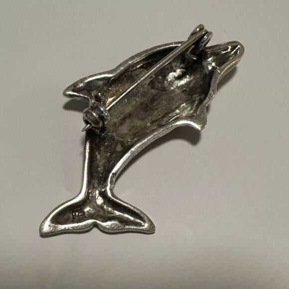 Sterling Silver Marcasite Dolphin Brooch Pin 1 7/8 Inch - Picture 4 of 5